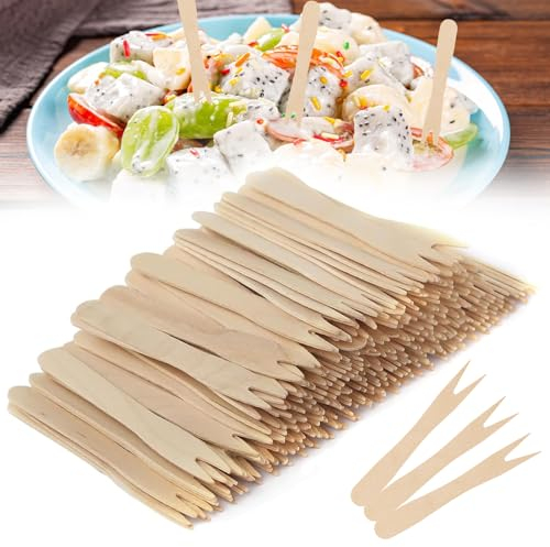 Lot de 200 fourchettes à frites en bois jetables pour fête, anniversaire, camping et pique-nique 85 mm (85 mm)