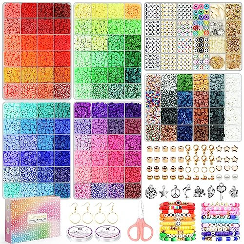 Paodey 20,000 Pcs Clay Beads 120 Colors Friendship Bracelet Making Kit, 6 Boxes Polymer Heishi Beads Jewellery Making Kit with Letter Charms Elastic Strings, Crafts Gift for Kids Adults