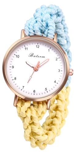 JewelryWe Damenuhr Elastisch Haarband Uhr: Damen Analog Quarz Armbanduhr Multifunktionale Lässige Uhr mit Blau Gelb Geflochten Haargummi Stretch Wickelarmband Geschenk für Frau Mädchen