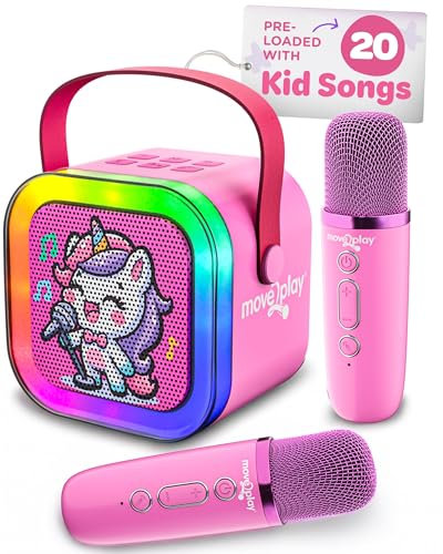 Move2Play, Macchina per karaoke per bambini, include oltre 20 canzoni per bambini, 2 microfoni, connessione con Bluetooth, regalo per bambini dai 3, 4, 5, 6, 7 anni in su, giocattolo per ragazze