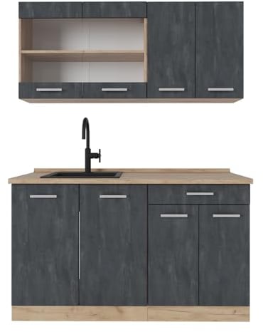 Vicco Singleküche R-Line, Schwarz Beton/Goldkraft Eiche, 140 cm AP Eiche