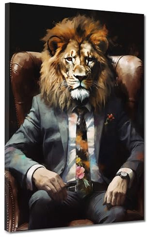 Kunstwelten24 Leinwandbild Wandbild Pop Art Löwe im Sessel Pop Art XL Kunstdruck Größe 90x120x2cm