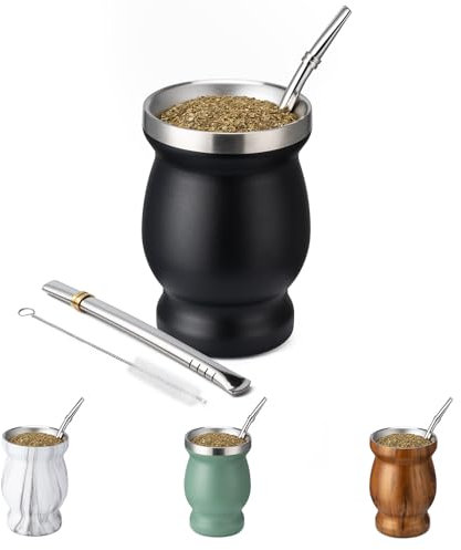 Tasse Yerba Mate de 236,8 g, tasse à café à double paroi en acier inoxydable 304, isolation thermique, ensemble de tasses à thé avec brosse de nettoyage et 2 bombillas (noir)
