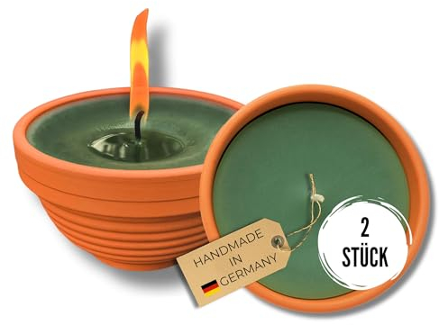 Lavalis Flammschalen Set, 2 kleine Outdoor-Kerzen in Terrakotta-Schale, handbefüllt aus recyceltem Wachs, 10h Brenndauer, 5 cm Flamme, 11,5 cm Ø