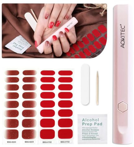Aokitec Gel Nail Stickers with UV Light, 2*16pcs Semi Cured Gel Nail Strips【Enjoy Beauty while Protect Natural Nails】Long Lasting Nail Wraps with UV Nail Lamp Basic Tools for DIY Nail Art, Glitter Red