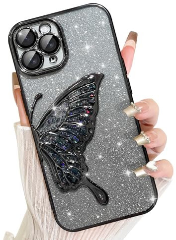 AIGOMARA für iPhone 11 Pro Max Hülle Glitzer, Handyhülle 3d Schmetterling Muster, Flüssig Treibsand, Schutzhülle Kameraschutz, Dünn Aesthetic Silikon Bumper Stoßfeste TPU Case, Mädchen Frauen, Schwarz