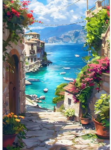 GDYEEH 5D Pfad am Meer Diamant Painting Pictures, DIY Fischerdorf Diamant Art Painting Kits, Blumen Diamond Painting Set for Adults Anfänger, Mosaic Making, Diamond Painting for Home Decor 30x40cm