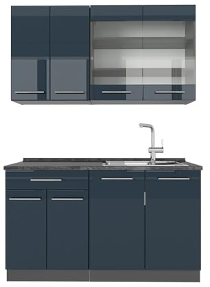 Vicco Singleküche Fame-Line, Dunkelblau Hochglanz/Anthrazit, 140 cm