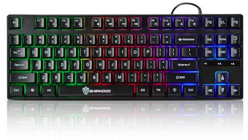 Wired Gaming Keyboard with Rainbow Backlit, 87 Keys Wired Cute Keyboard, USB Wired Keyboard for Laptop, PS4, Xbox, PC Gaming and Work-Black