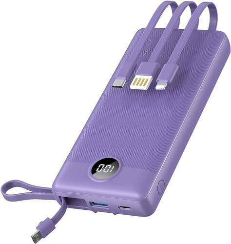 VRURC Power bank con Cavi Incorporati 20000mAh, PowerBank USB C a Ricarica Rapida da 22,5 W, Display LED Ricarica con 4 Uscite 2 Ingressi per iPhone 15/14/13/Pro,Android-Viola