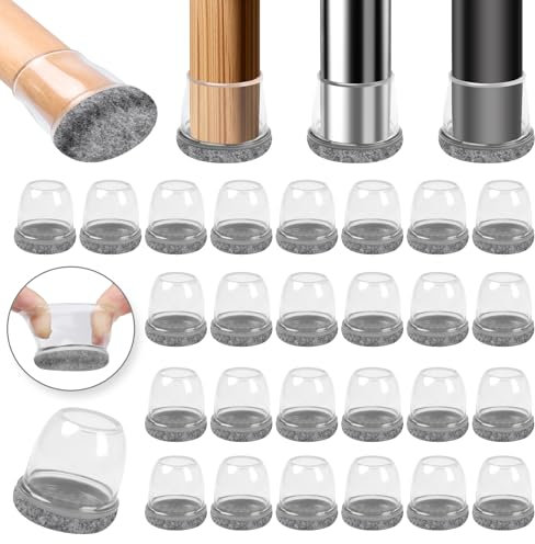 Ezprotekt 32 Stück Grey Silikon-Bodenschoner für Stuhlbeine mit umwickeltem Filz, Φ 21-28 mm Gummi-Stuhlbeinkappen, Stuhlbeinabdeckungen, Möbelfüße, Polster, kein Lärm (Rund, Passform 0,75-1)