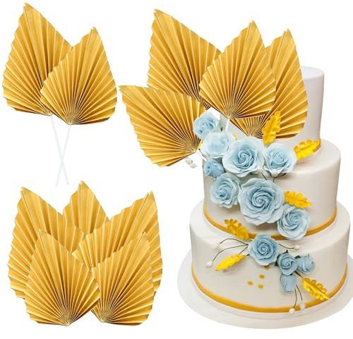 Ephlyn 6Pcs Paper Palm Fan Cake Topper Palm Spear Leaves Fan Cake Pick for DIY Cake Bakeware Baby Shower Wedding Bridal Shower Birthday Anniversary Party Cake Decorations Gold