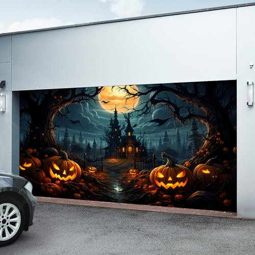 Yaoliucp Halloween Garage Door Cover, Halloween Garagentor Banner 16x7 Fuß Halloween Kulisse mit Haken und Seil, Horrorschloss Halloween Garagentor -Abdeckung für Halloween -Foto Hintergrund