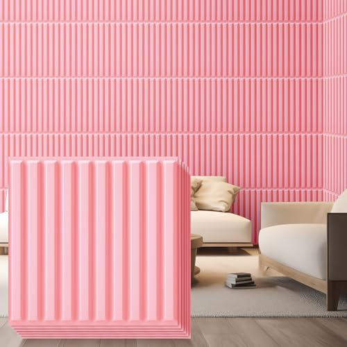 Nuanchu 32 Pcs 3D Slat Wall Panels 12 x 12 Inch PVC Fluted Textured Panel Cuttable Glue up Wall Art Decorative Tiles for Ceiling Studio Bathroom Interior TV Background (Pink)