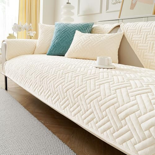 GKXLH Waschbarer Sofabezug, weicher Milchflanell, 1-, 2-, 3-Sitzer, rutschfeste Sofa-Schonbezüge, Couchbezüge für Sektionalsofa, Eckcouchbezug, L-Form, Möbelschutz (Beigeweiß)