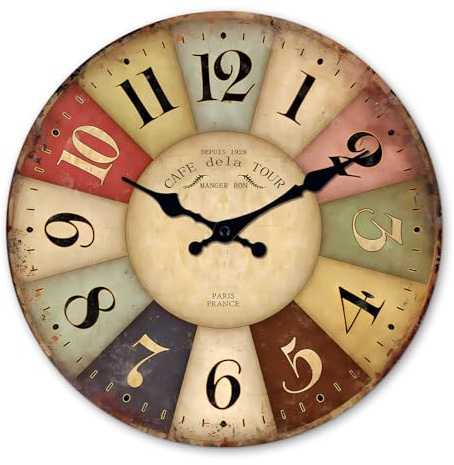 Constantplanet 14 Inch Colorful Wood Wall Clocks Battery Operated | Farmhouse Rustic Decorative Wall Clock for Living Room Bedroom Office Bathroom Kitchen Silent Non-Ticking
