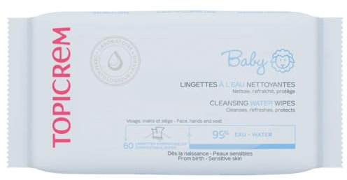 Topicrem - Baby, Lingettes Bébé à l'Eau - Nettoie, Protège, Rafraîchit Visage, Mains et Siège - 99% Eau, Fibres 100% d’Origine Végétale - Sans Parfum - Fabrication Française - 60 Lingettes