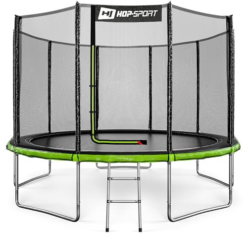 Hop-Sport Trampolin Outdoor - Ø 244/305/366/427/488 cm - Trampolin mit außenliegenden Sicherheitsnetz, Stabiler Rahmenkonstruktion & Sicherheitszertifikaten - Komplettset mit Leiter (366 cm)