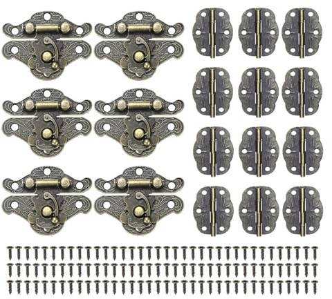 M METERXITY 6-Sets Jewelry Box Hinges and Latches, 1.88in (48mm) 6pcs Iron Latch Hook and 12pcs Interior Door Folding Butt Mini Hinges with Screws for Wooden/Jewelry Box/Cabinet