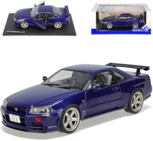 alles-meine.de GmbH Nisan Skyline R34 GT-R Coupe Midnight Purple 3 Violett 1998-2002 mit Sockel 1/18 Solido Modell Auto mit individiuellem Wunschkennzeichen