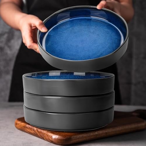 CSYY Lot de 4 Bols à Salade en Céramique Artisanale - Noir à l'Extérieur, Bleu Foncé à l'Intérieur pour Pastateller Salades Fruits Céréales Présentation de Table Élégante