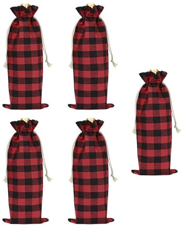 5pcs Linen Drawstring Bottle Bags for Wine Red Check Pattern Wine Bags with Drawstring Bottle Cover for Travel/Life Storage
