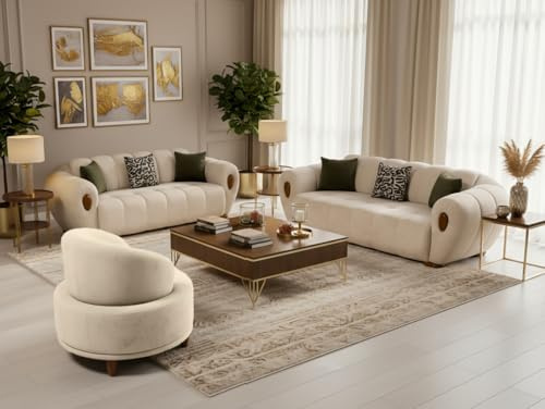Emporium Furniture Sofa bed 3 and 2 seater sets, Chesterfield Cream Velvet Corner Sofa sets & Couches for Living Room with free cushions (3+2+1 Seater)