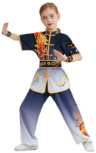 RUNQHUI Boys Girls Dragon Chinese Kung Fu Master Tai Chi Uniform Top Shirt Pants Set Martial Arts Outfit B Black White 3-4 Years