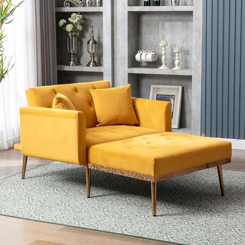 Bladez Moderne Relaxsofa Sessel mit Verstellbarer Rückenlehne, Samt Sessel Liegestuhl, Klappsofa Stuhl Schlafsofa, geeignet für Wohnzimmer Schlafzimmer (Gelber Samt)