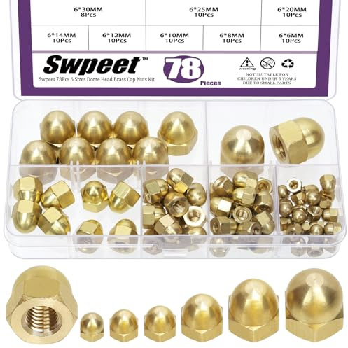 Swpeet 78Pcs 6 Sizes M3 M4 M5 M6 M8 M10 Metric Brass Acorn Cap Nuts Hex Dome Cap Assortment Kit, Acorn Nuts Brass Caps Nut Hex Dome Head Decorative Acorn Hex Cap Nut for Screws Bolts ﻿