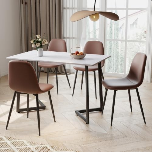 OC Orange-Casual 5-teiliges Esszimmer-Set mit Marmortischplatte & 4 Schalenform Kunstleder Essstühle–Modernes Küchen- & Esszimmertisch Set für 4 Personen (4 Stühle + Esstisch) (Braun)