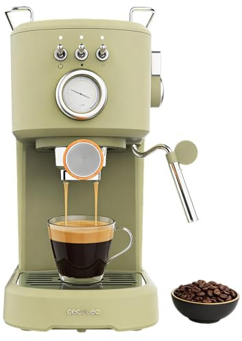Cecotec Siebträgermaschine Power Espresso 20 Retro Green Elite, Vintage-Design, 1100 W, 20 Bar ForceAroma, Automatik-Funktion, Milchaufschäumer, 1,25 L Wassertank, Edelstahl-Tassenwärmer
