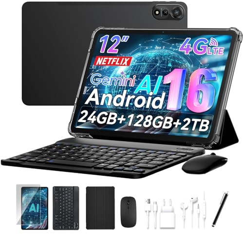 Nexall N90 12 Inch Tablet, Android 16 with SIM Slot, Keyboard & Case, Grey | 24GB+128GB/2TB, 4-Year Warranty, 9000mAh, Gemini Ai 3.5, Face ID, Widevine L1, 2K FHD+, 4G LTE, for TV, Games & Office