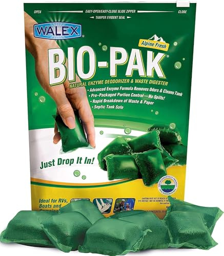 Walex Bio-Pak Black Holding Tank Deodorizer & Waste Digester Drop-Ins - Advanced Enzyme Formula for Rapid Breakdown of Waste & Paper, Removes Odors & Cleans Tank; Alpine Fresh, 10-Pack