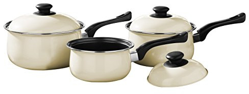 Premier Housewares Pots And Pans Sets Non Stick Set Of 3 Alloy Black / Cream Cookware Everyday Use Kitchen Set Dishwasher Safe Cooking Pans With Lids