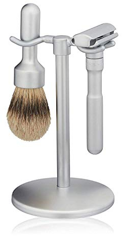 Merkur Rasier-Set, 3-teilig, matt, inkl. Rasierer, reiner Dachshaar, Grau und Halterung