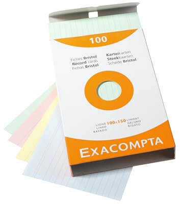 Exacompta 13852X Karteikarten (205q/qm Karton, holzfrei, DIN A6, liniert, ungelocht) 100er Pack gemischte Farben