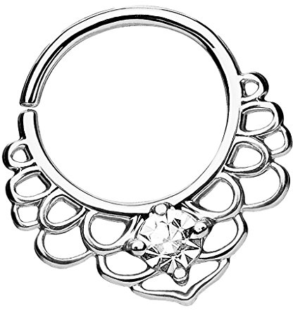 Piersando Universal Piercing Ring Continuous für Septum Tragus Helix Ohr Nase Lippe Brust Intim Nasenpiercing Lotus Tribal mit Kristall Silber