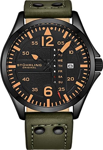 Stuhrling Original Herren Lederuhr Fliegeruhr Schnellschaltung Tag/Datum Lederarmband mit Stahlnieten in Grün