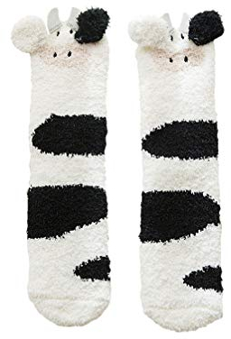 Fenical Süße Tier Korallen Fleece Oberschenkel Hohe Socken Winter Warm Dicke Fuzzy Mode Mittleren Rohr Strümpfe für Frauen Mädchen Dame (Kuh)