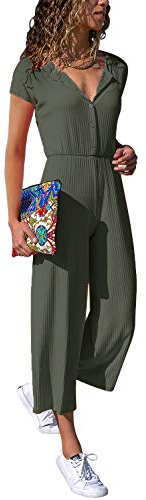 Cassiecy Jumpsuit Damen Elegant Kurzarm Playsuit V-Ausschnitt Casual Lose Overalls Lang Romper (S, Grün)