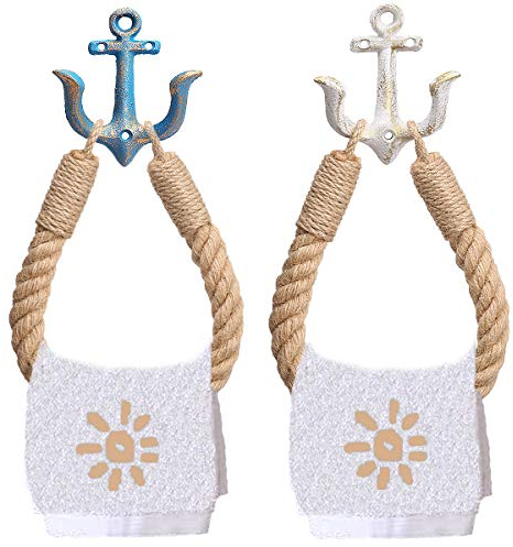 2 pezzi corda nautica asciugamano anello porta carta igienica spiaggia a tema bagno decorato con gancio in metallo per spiaggia decorazione bagno a tema (blu+bianco)