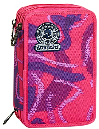 Invicta S.P.A. Astuccio 3 Scomparti, Street Jungle, Rosa, Completo Di Matite, Penne, Pennarelli, Fucsia, Taglia Unica