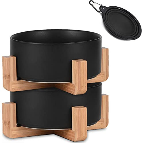 Petygooing Black Ceramic Dog Cat Bowl Dish with Stand for Food and Water Feeder, Modern Cute Heavy Weighted Pet Bowls Set for Cats & Small Size Dogs 13.5 OZ (5.1In / 1.7 Cups) Free One Foldable Bowl