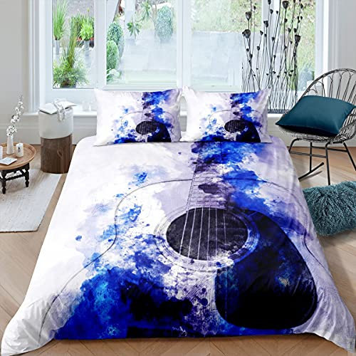 Homemissing Guitar Comforter Cover Music Guitar Bedding Set Rock Music Duvet Cover for Child Kids Boys Girls Microfiber Watercolor Musical Bedding & Linen Guitar Instruments 2Pcs Zipper Single Size
