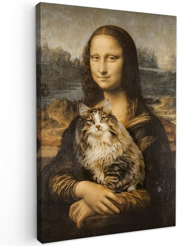 MuchoWow Leinwand Bilder, Einzigartige Wanddeko mit Rahmen, Mona Lisa - Katze - Leonardo da Vinci - Vintage - Kunstwerk - Alte Meister - Gemälde, Wandbilder Wohnzimmer, Deko Schlafzimmer 60x90 cm