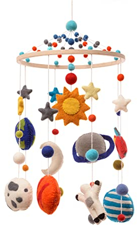 Glaciart One Space Nursery Mobile - Bunte Dekoration für Kinderbett, Babyzimmer - Handgefertigt, kindersicheres Holz, Filzwolle & Baumwolle - Sonnensystem-Dekoration für Mädchen & Jungen - 10x24 Zoll