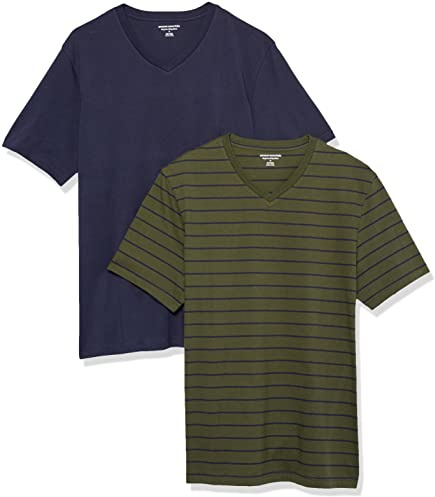 Amazon Essentials Men's Short-Sleeve V-Neck T-Shirts, Pack of 2, Navy/Olive/Stripes, 6XL Plus Tall