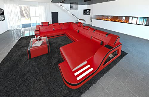XXL Sofa Wohnlandschaft Palermo Ledersofa U Form - mit LED Beleuchtung, verstellbare Kopfstützen, Recamiere/Lederfarben wählbar/Ausrichtung wählbar (Ottomane rechts, Rot-Schwarz)