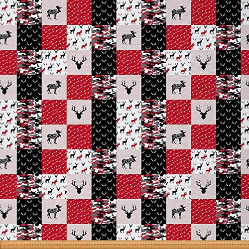 Tarnung Polsterstoff Hirsch Stoff Meterware Schwarz Weiß Roter Tarnung Dekorations Stoff Geweih Gitter, Karierter Stoff für Drinnen und Draußen, Steppstoff für Wildtiere, 92 x 150 (HxB), Rot Schwarz